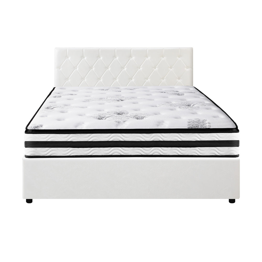 Oikiture Bed Frame King Size Gas Lift Base with Mattress White Leather-Bed Frame-PEROZ Accessories