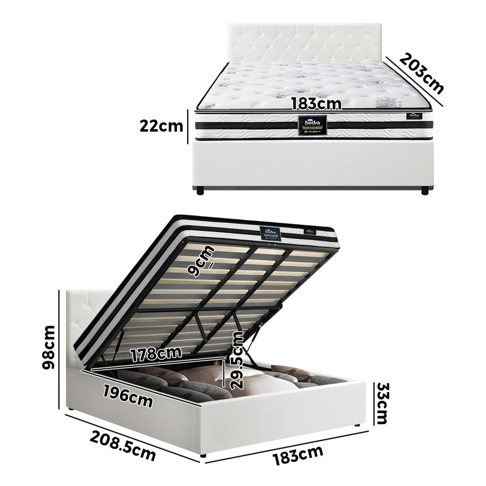 Oikiture Bed Frame King Size Gas Lift Base with Mattress White Leather-Bed Frame-PEROZ Accessories