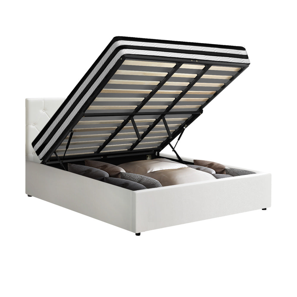 Oikiture Bed Frame King Size Gas Lift Base with Mattress White Leather-Bed Frame-PEROZ Accessories