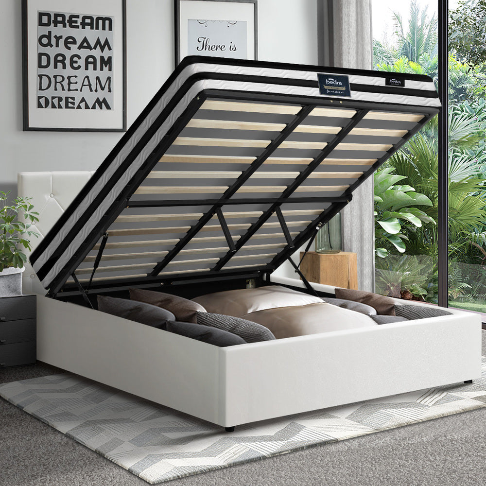 Oikiture Bed Frame King Size Gas Lift Base with Mattress White Leather-Bed Frame-PEROZ Accessories