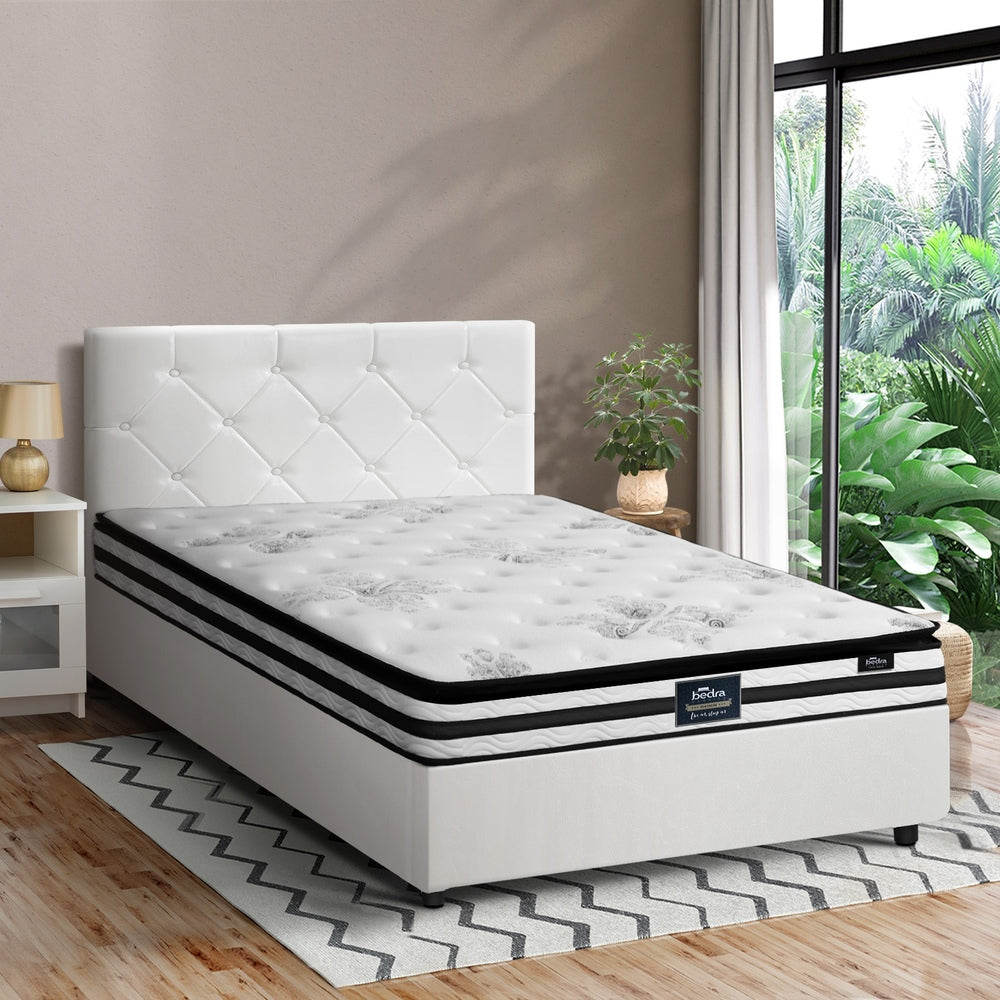 Oikiture Bed Frame King Single Size with Mattress White Leather-Bed Frame-PEROZ Accessories