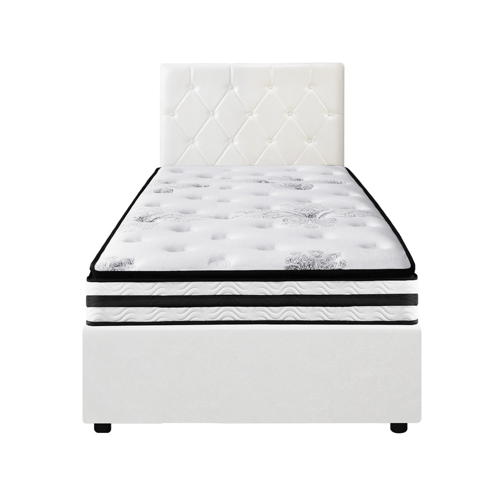Oikiture Bed Frame King Single Size with Mattress White Leather-Bed Frame-PEROZ Accessories
