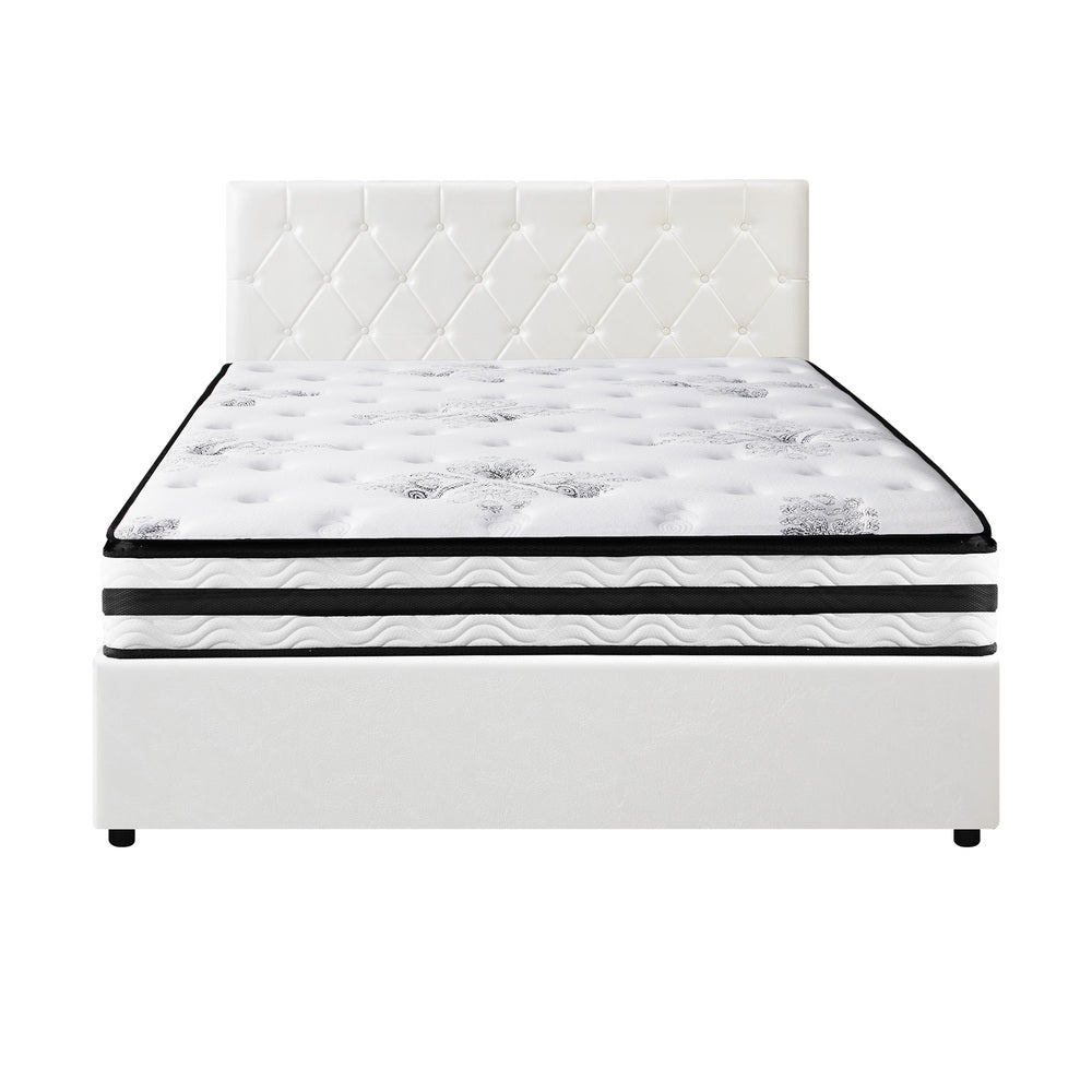 Oikiture Bed Frame Queen Size Gas Lift with Mattress White Leather-Bed Frame-PEROZ Accessories