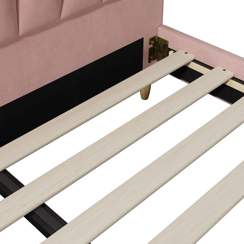 Oikiture Bed Frame Double Size Scallop-Shape Bedhead Pink Velvet-Bed Frame-PEROZ Accessories