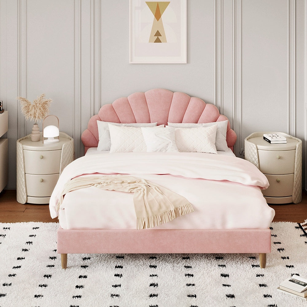 Oikiture Bed Frame Double Size Scallop-Shape Bedhead Pink Velvet-Bed Frame-PEROZ Accessories