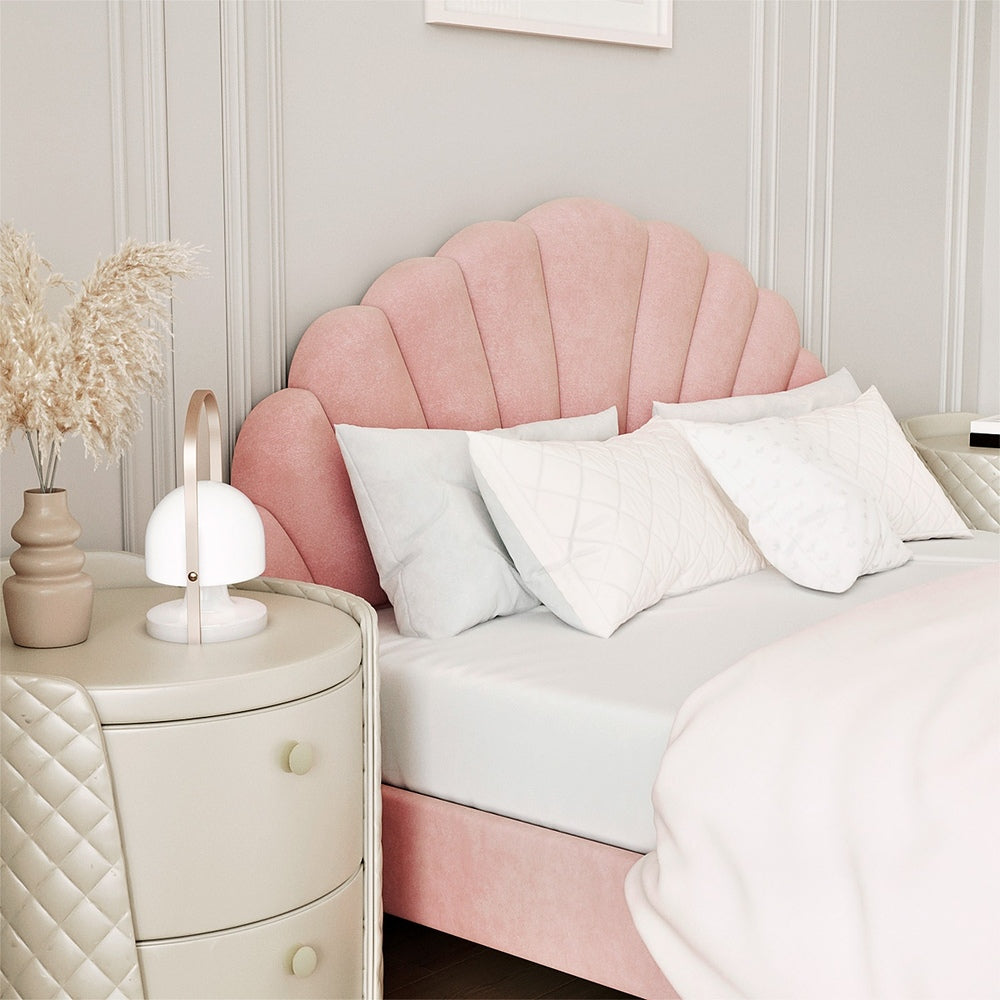 Oikiture Bed Frame Double Size Scallop-Shape Bedhead Pink Velvet-Bed Frame-PEROZ Accessories