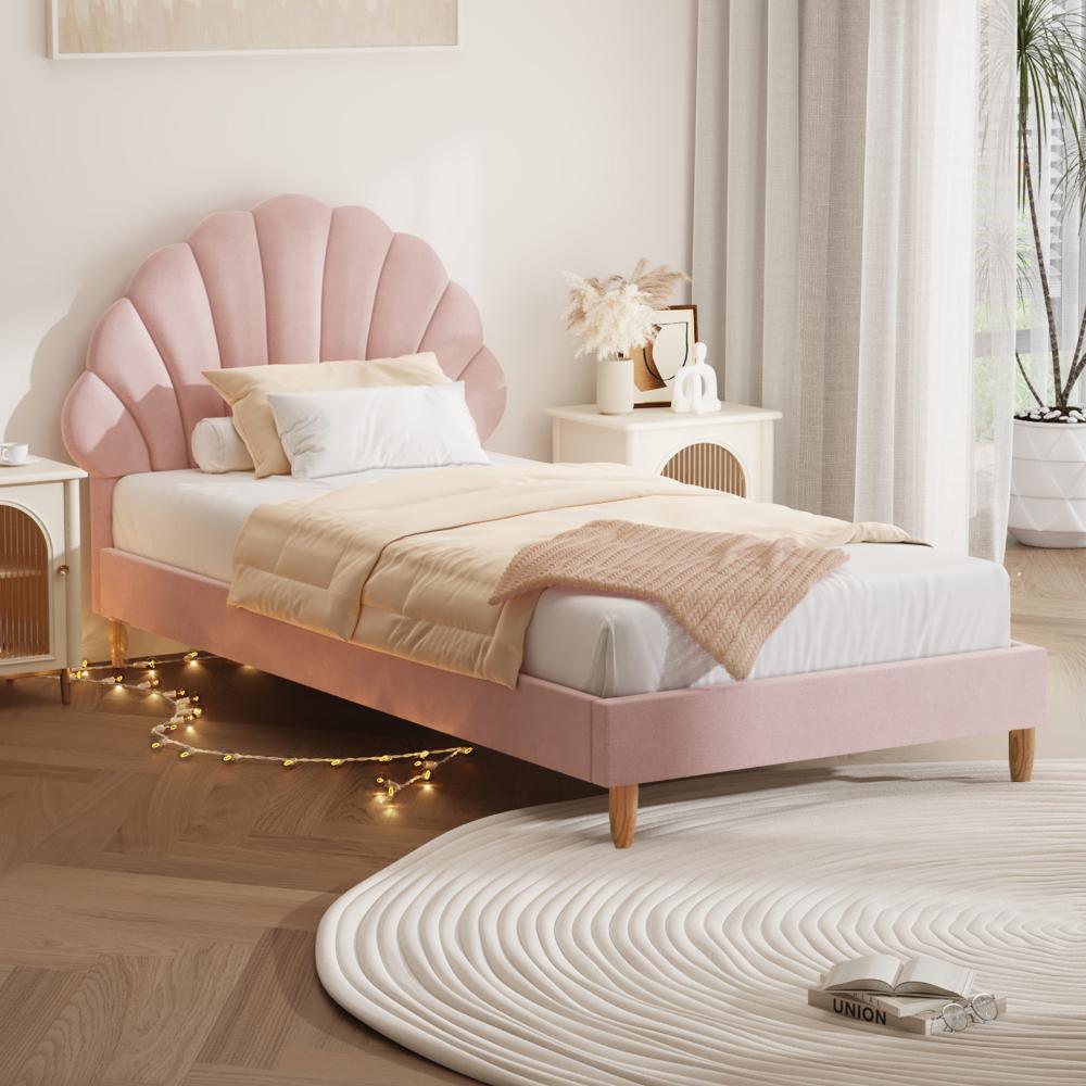 Oikiture Single Bed Frame Scallop-Shape Bedhead Pink Velvet-Bed Frames-PEROZ Accessories