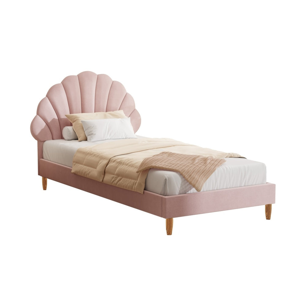 Oikiture Single Bed Frame Scallop-Shape Bedhead Pink Velvet-Bed Frames-PEROZ Accessories