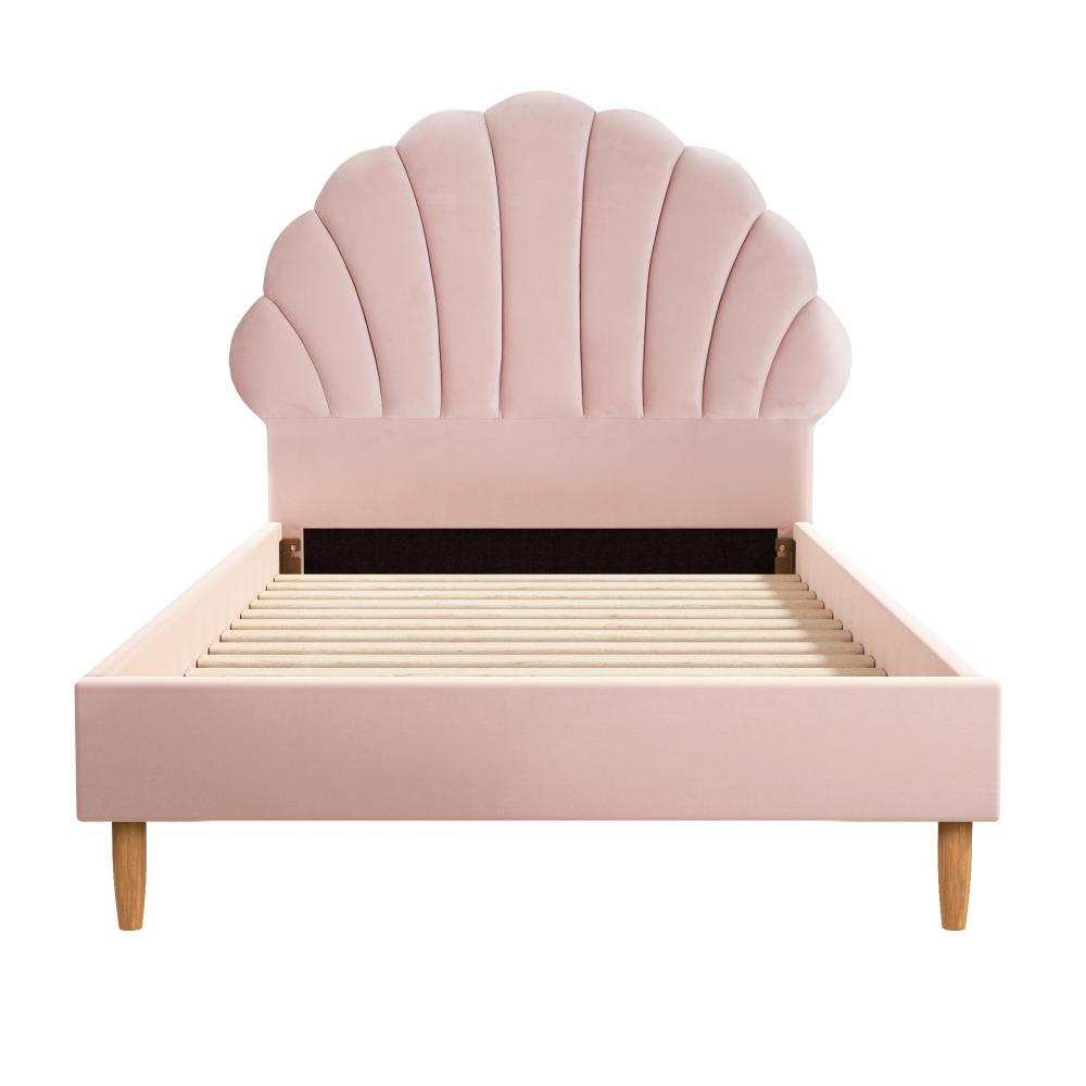 Oikiture Single Bed Frame Scallop-Shape Bedhead Pink Velvet-Bed Frames-PEROZ Accessories