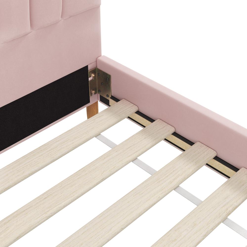 Oikiture Single Bed Frame Scallop-Shape Bedhead Pink Velvet-Bed Frames-PEROZ Accessories
