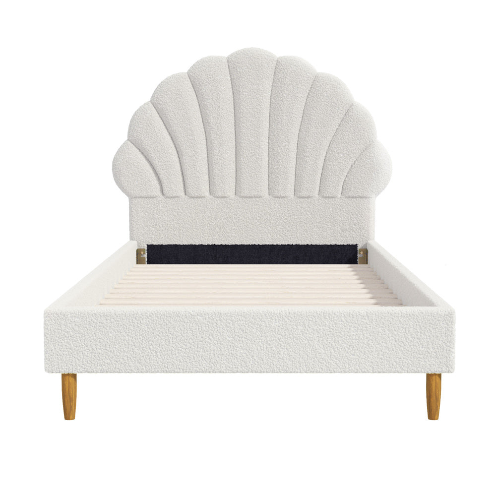 Oikiture Boucle Bed Frame with Ottoman Set Scallop Shaped Sherpa Bedhead Single-Bed Frame-PEROZ Accessories
