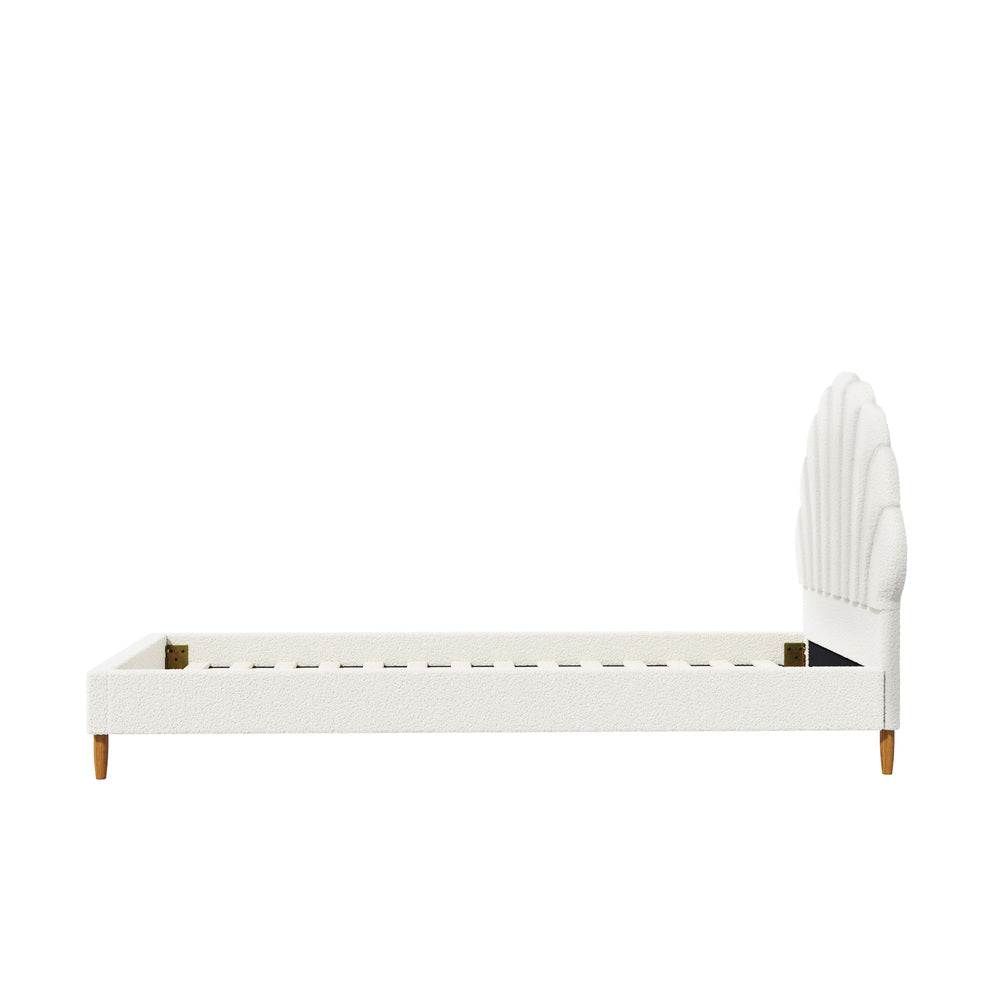 Oikiture Boucle Bed Frame with Ottoman Set Scallop Shaped Sherpa Bedhead Single-Bed Frame-PEROZ Accessories