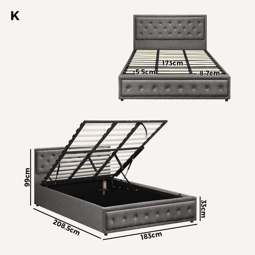 Oikiture King Bed Frame with Storage Space Gas Lift Bed Mattress Base Grey-Bed Frame-PEROZ Accessories