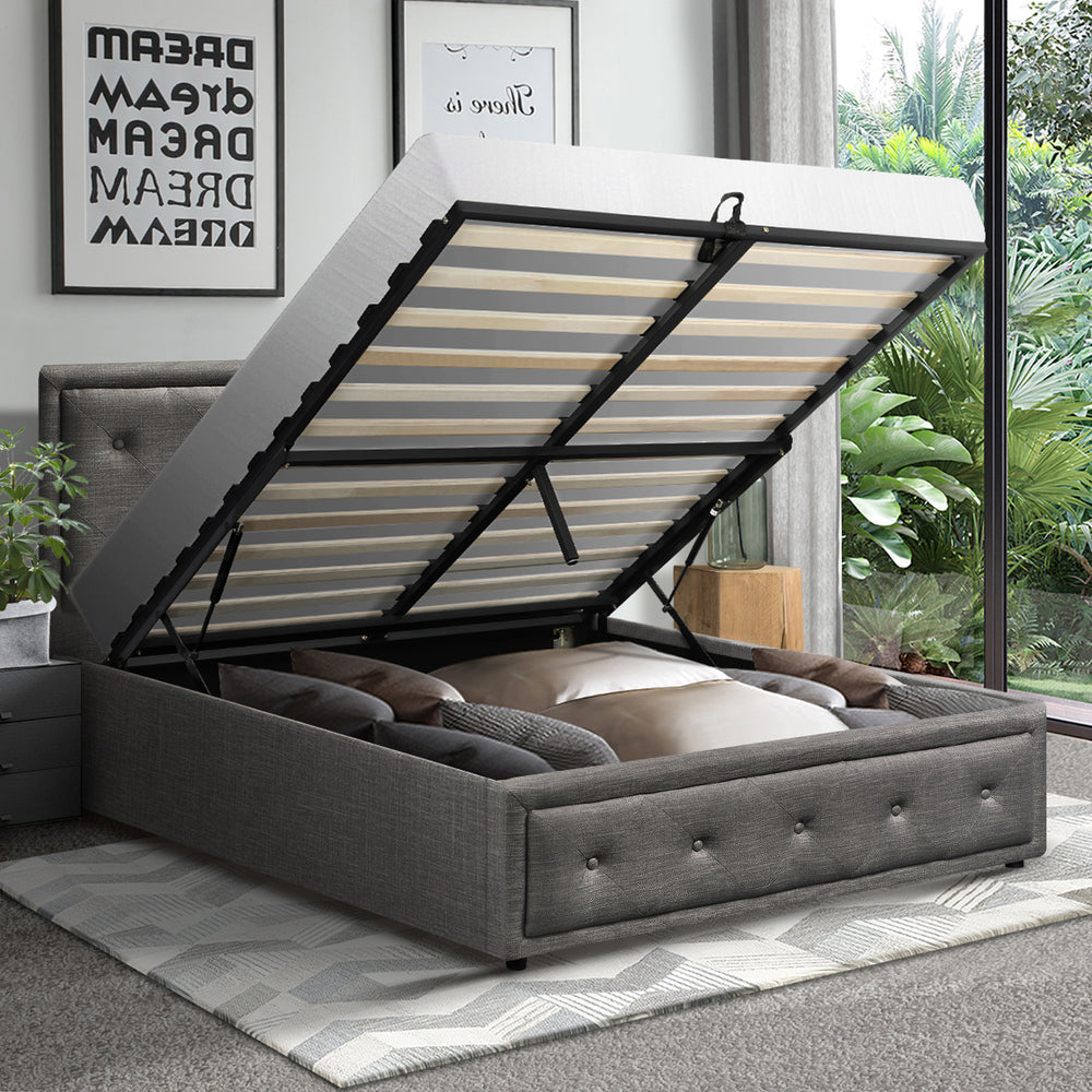 Oikiture King Single Bed Frame with Storage Space Gas Lift Bed Mattress Base Grey-Bed Frame-PEROZ Accessories