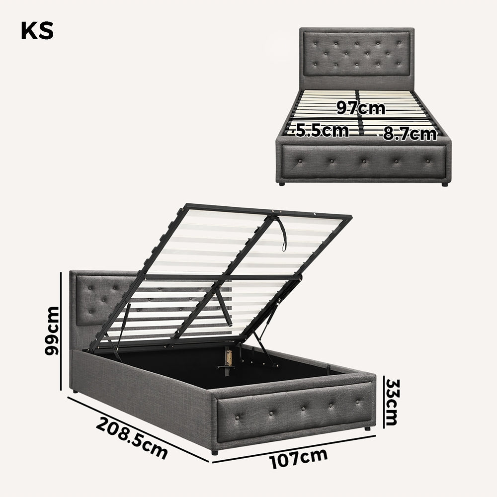 Oikiture King Single Bed Frame with Storage Space Gas Lift Bed Mattress Base Grey-Bed Frame-PEROZ Accessories