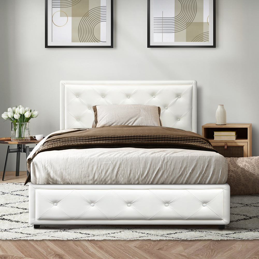 Oikiture King Single Bed Frame with Storage Space Gas Lift Bed Mattress Base White-Bed Frames-PEROZ Accessories
