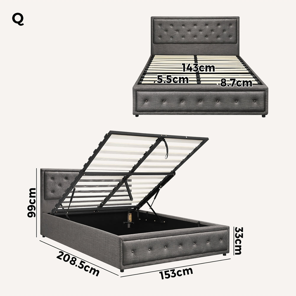 Oikiture Queen Bed Frame with Storage Space Gas Lift Bed Mattress Base Grey-Bed Frames-PEROZ Accessories