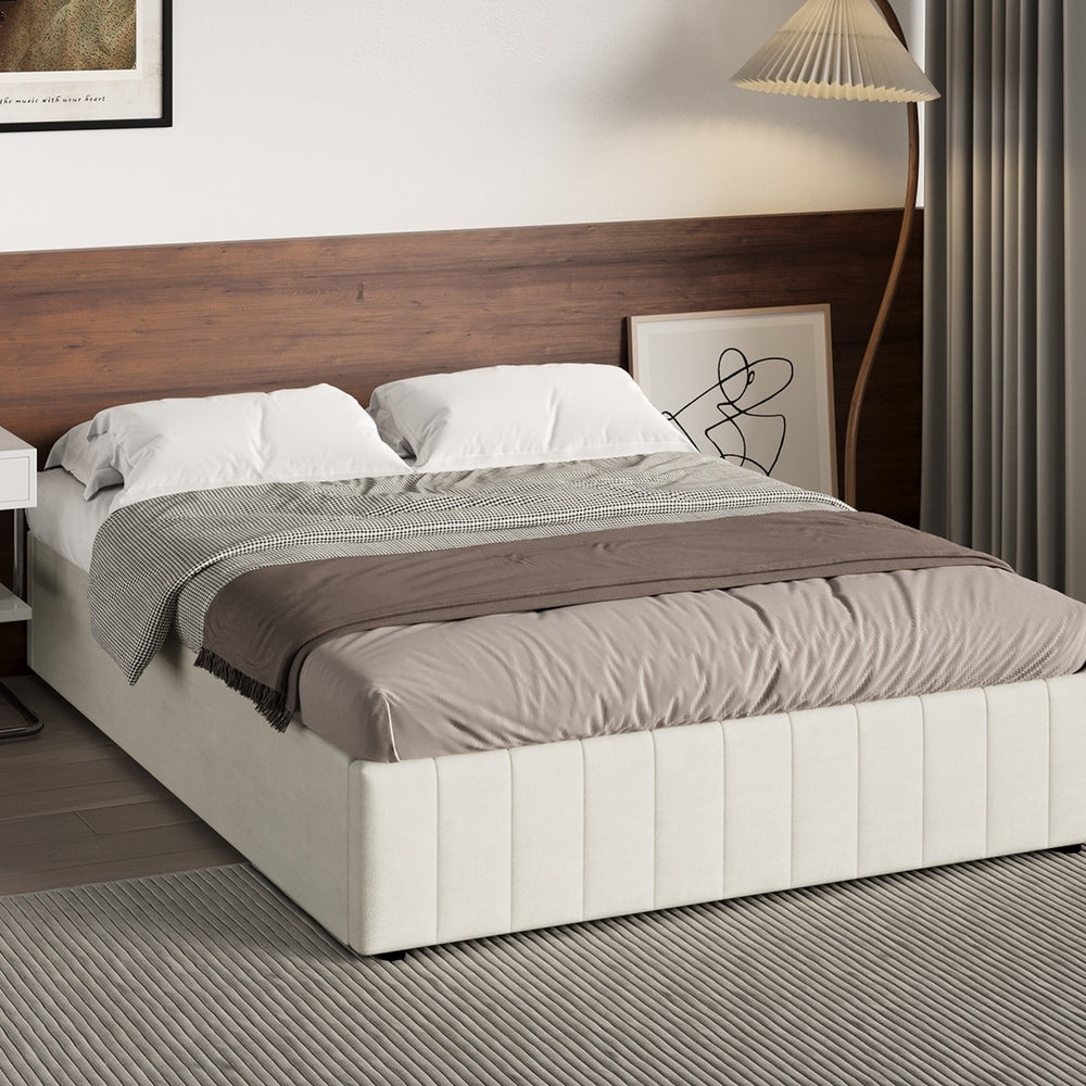 Oikiture Bed Frame Double Size Gas Lift Storage Base Velvet Cream-Bed Frame-PEROZ Accessories