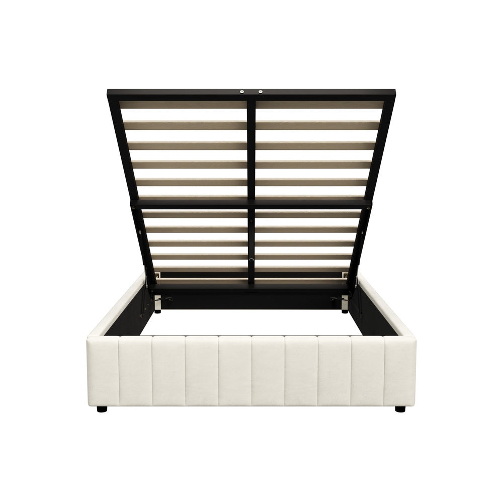 Oikiture Bed Frame Double Size Gas Lift Storage Base Velvet Cream-Bed Frame-PEROZ Accessories