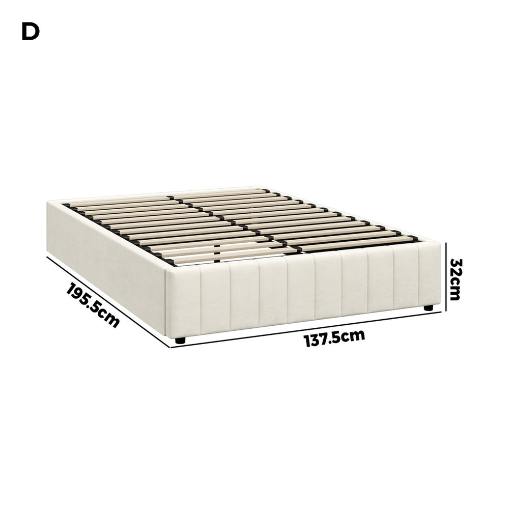 Oikiture Bed Frame Double Size Gas Lift Storage Base Velvet Cream-Bed Frame-PEROZ Accessories