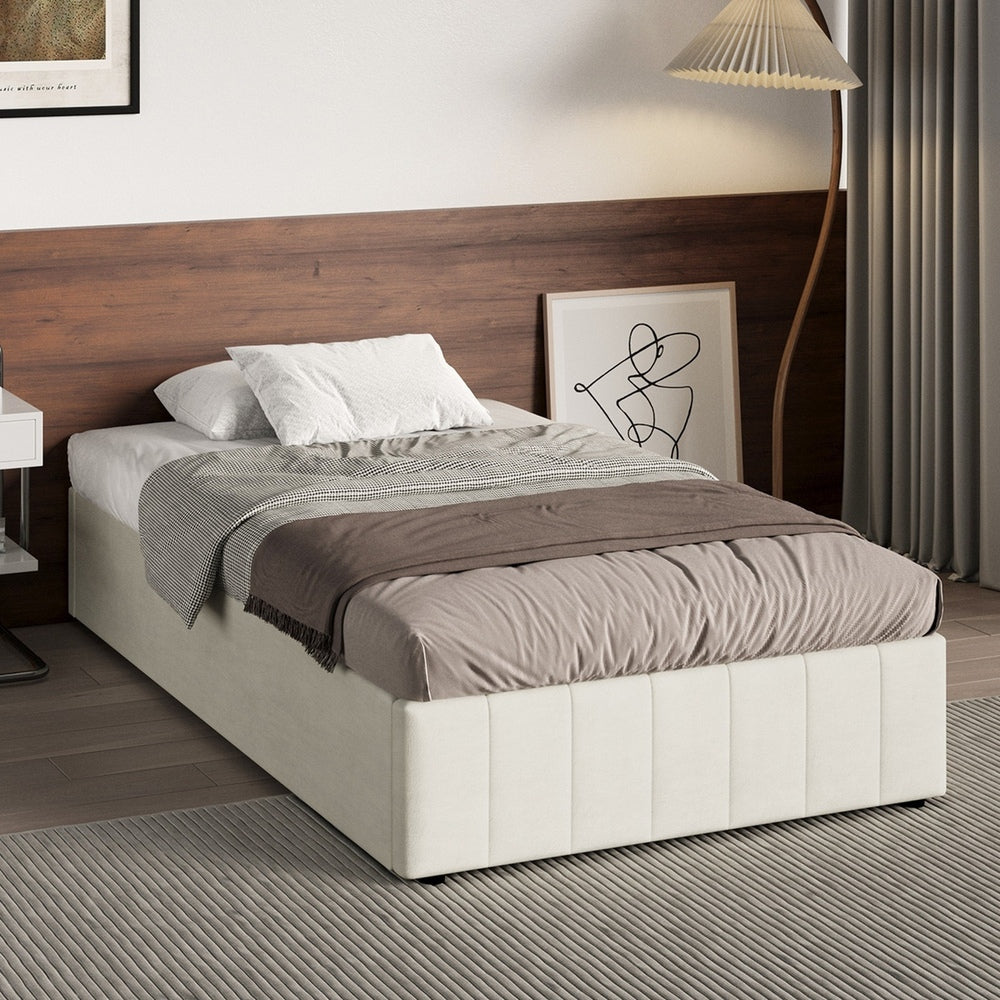 Oikiture Bed Frame King Single Gas Lift Base Velvet Cream-Bed Frame-PEROZ Accessories