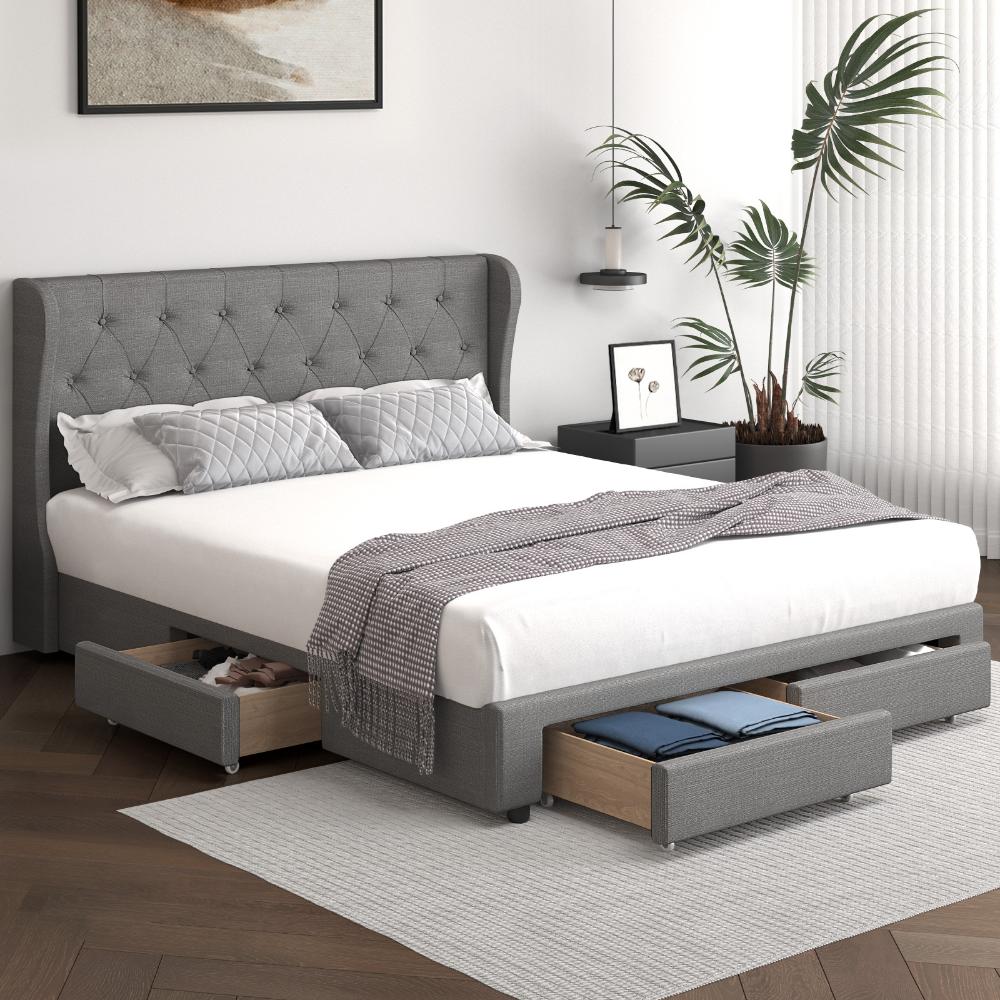 Oikiture Bed Frame Double Size Frames with 4 Storage Drawers Collection-Bed Frames-PEROZ Accessories
