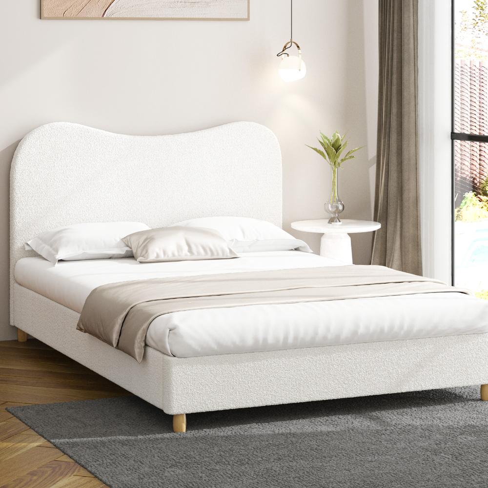 Oikiture Bed Frame King Size White Boucle Cloud Shape-Bed Frames-PEROZ Accessories
