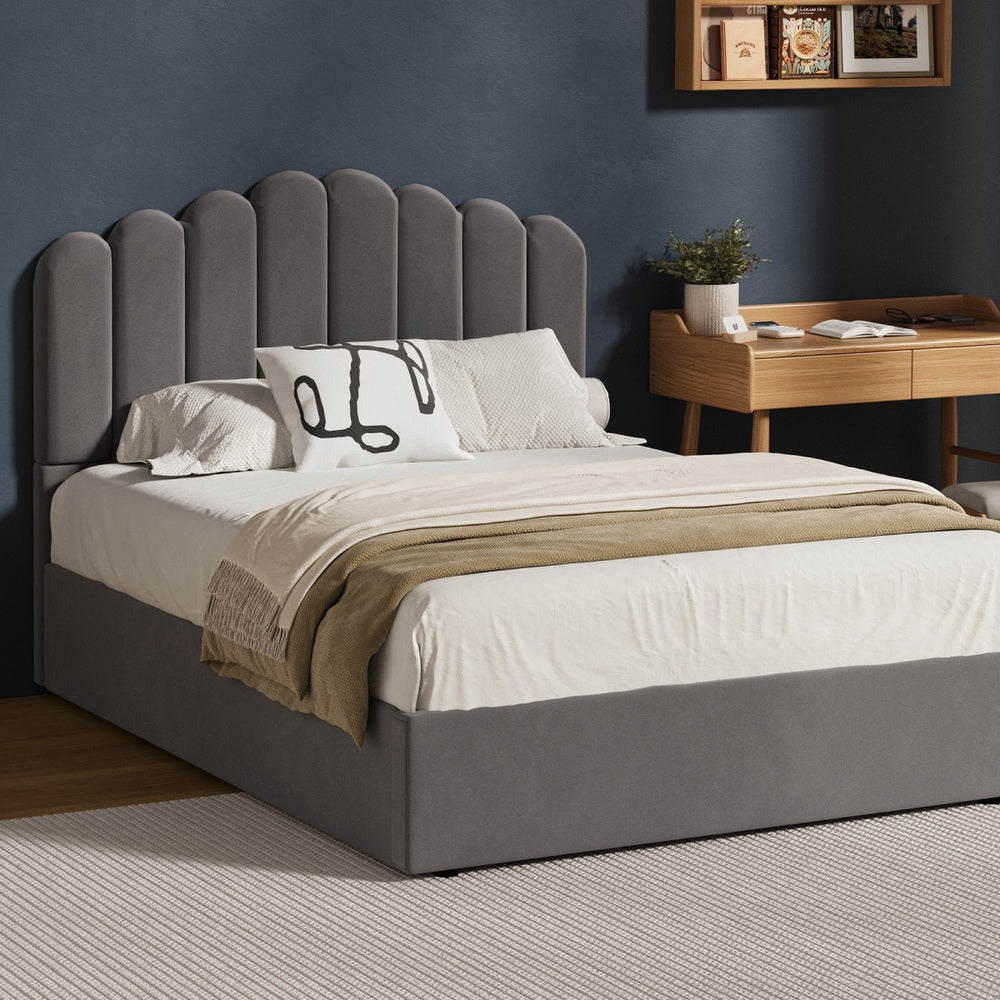 Oikiture Bed Frame Double Size Gas Lift Velvet Grey-Bed Frames-PEROZ Accessories