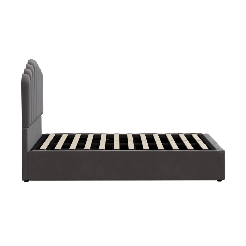 Oikiture Bed Frame Double Size Gas Lift Velvet Grey-Bed Frames-PEROZ Accessories