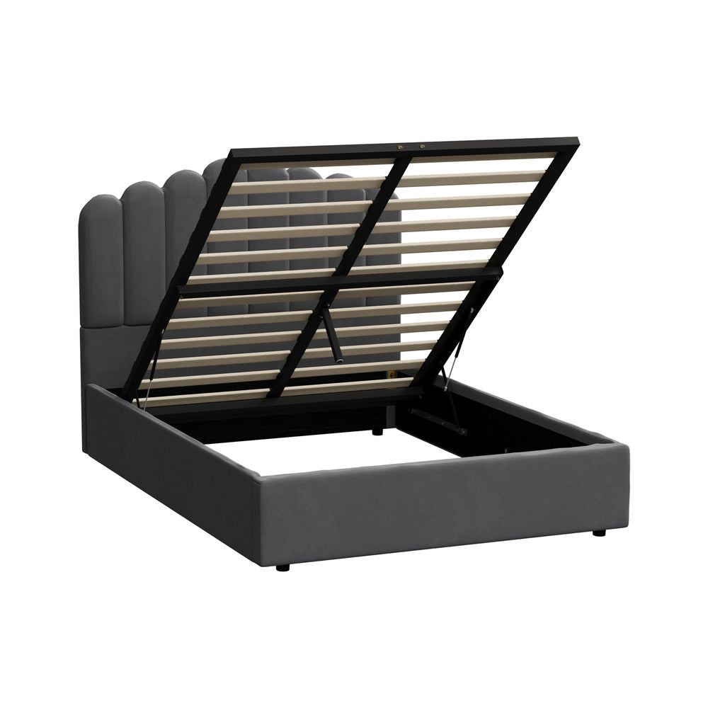 Oikiture Bed Frame Double Size Gas Lift Velvet Grey-Bed Frames-PEROZ Accessories