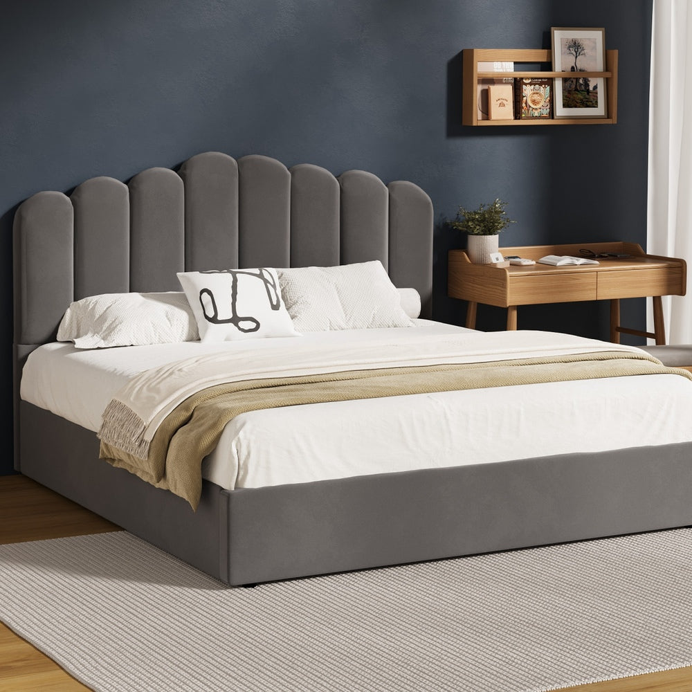 Oikiture Bed Frame King Size Gas Lift Velvet Grey-Bed Frames-PEROZ Accessories