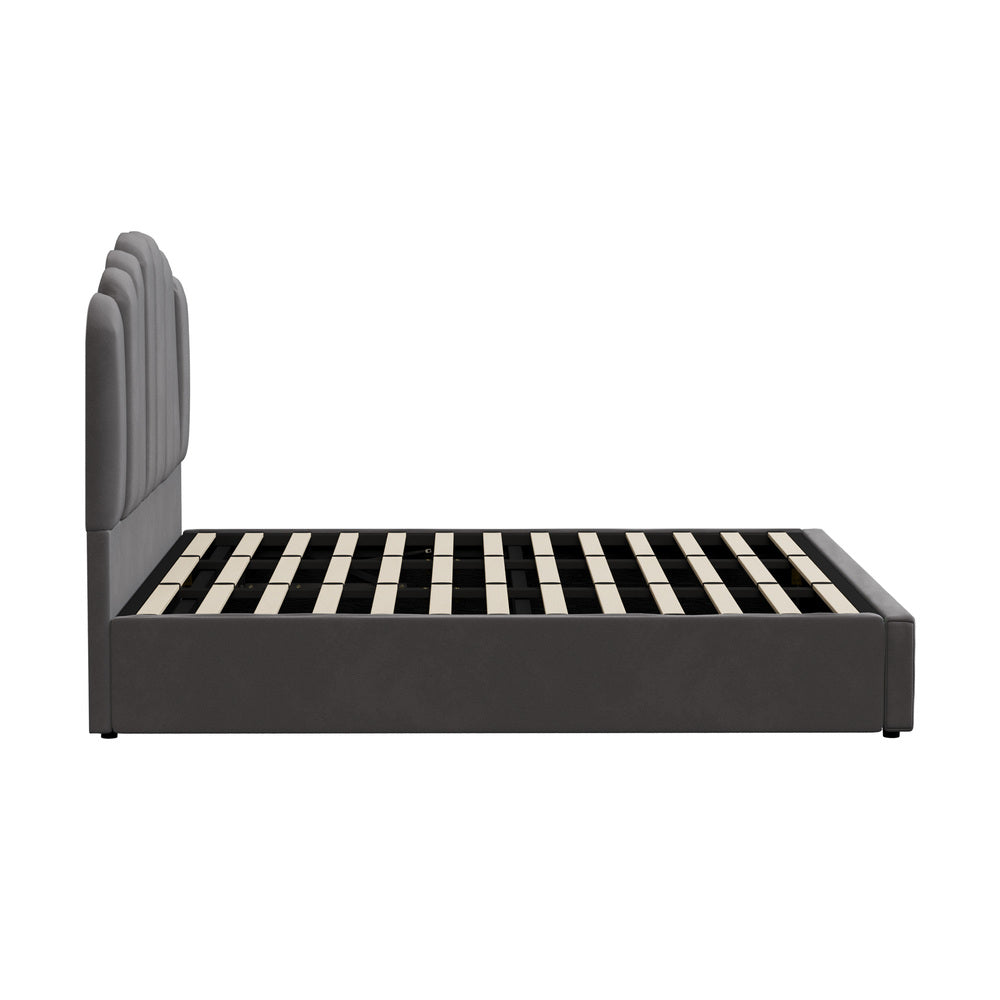 Oikiture Bed Frame King Size Gas Lift Velvet Grey-Bed Frames-PEROZ Accessories