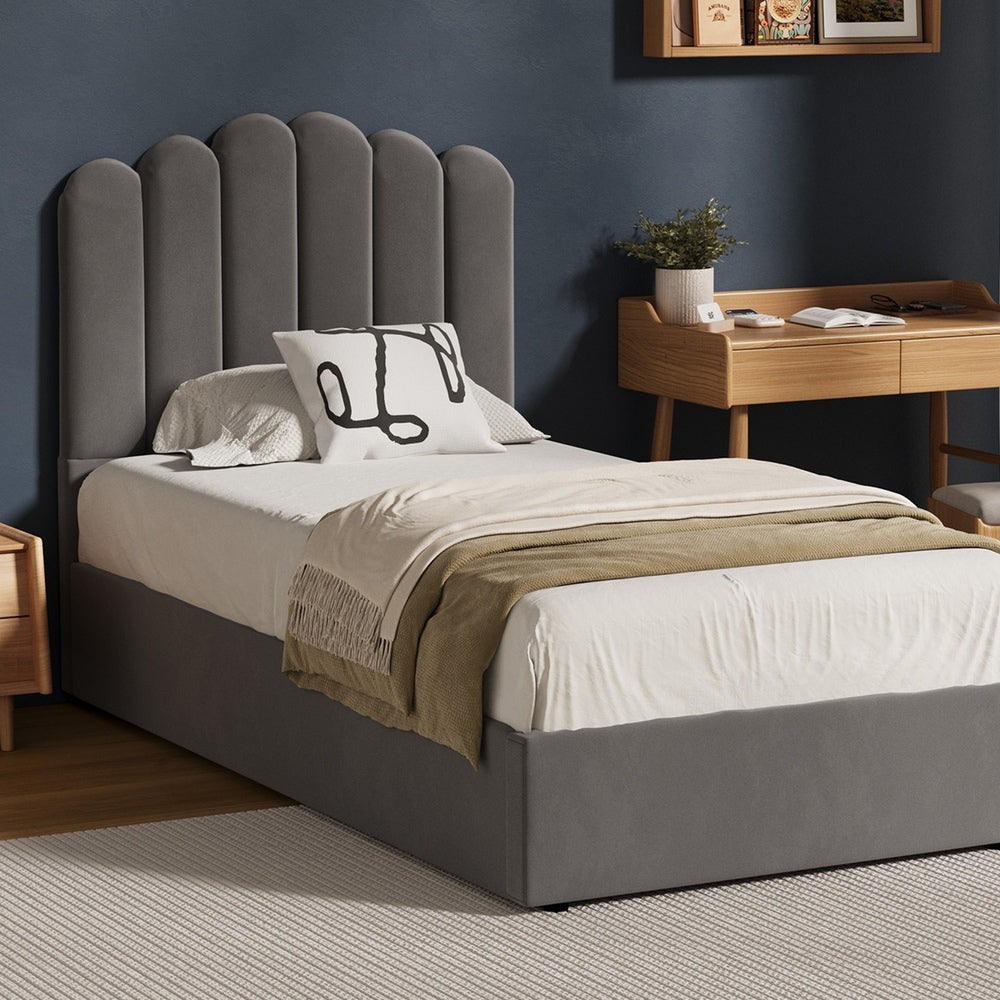 Oikiture Bed Frame King Single Gas Lift Velvet Grey-Bed Frames-PEROZ Accessories