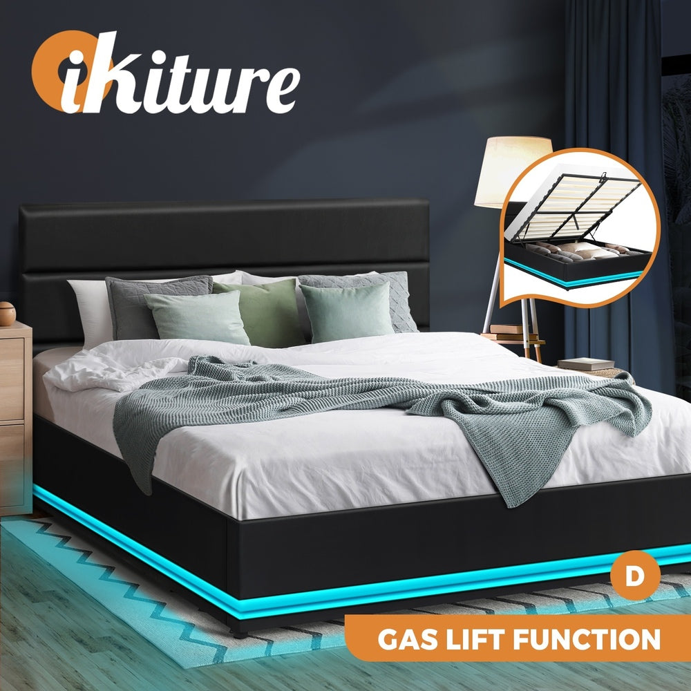 Oikiture Double Bed Frame, RBG Mattress Base with Gas Lift and Storage Space Black-Bed Frames-PEROZ Accessories