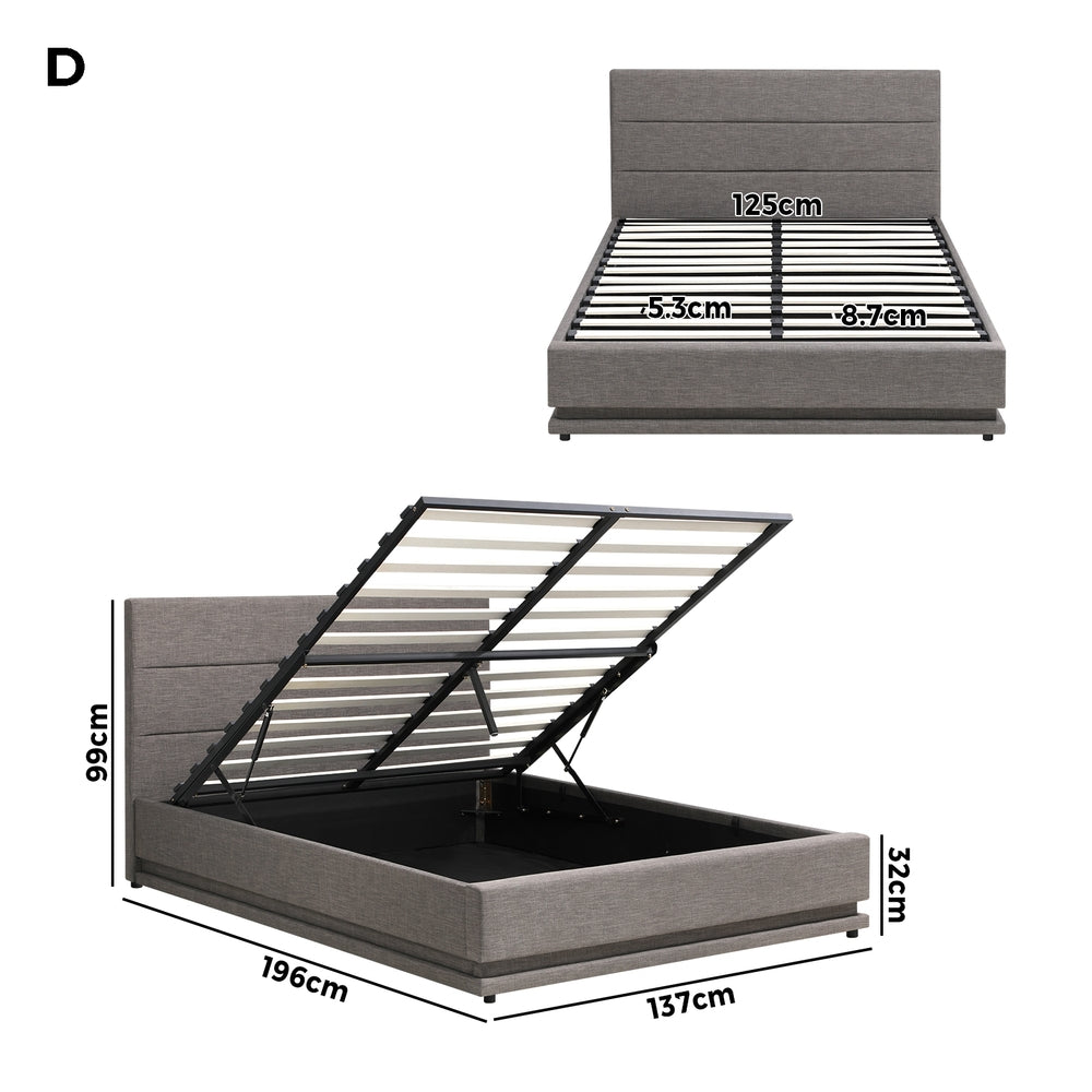 Oikiture Bed Frame Double Bed Frame LED Mattress Base with Gas Lift and Storage Space Grey-Bed Frames-PEROZ Accessories