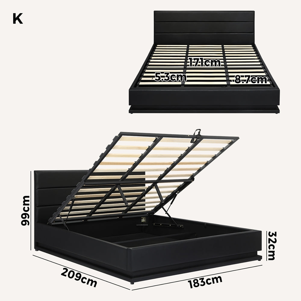 Oikiture King Bed Frame, RBG Mattress Base with Gas Lift and Storage Space Black-Bed Frames-PEROZ Accessories