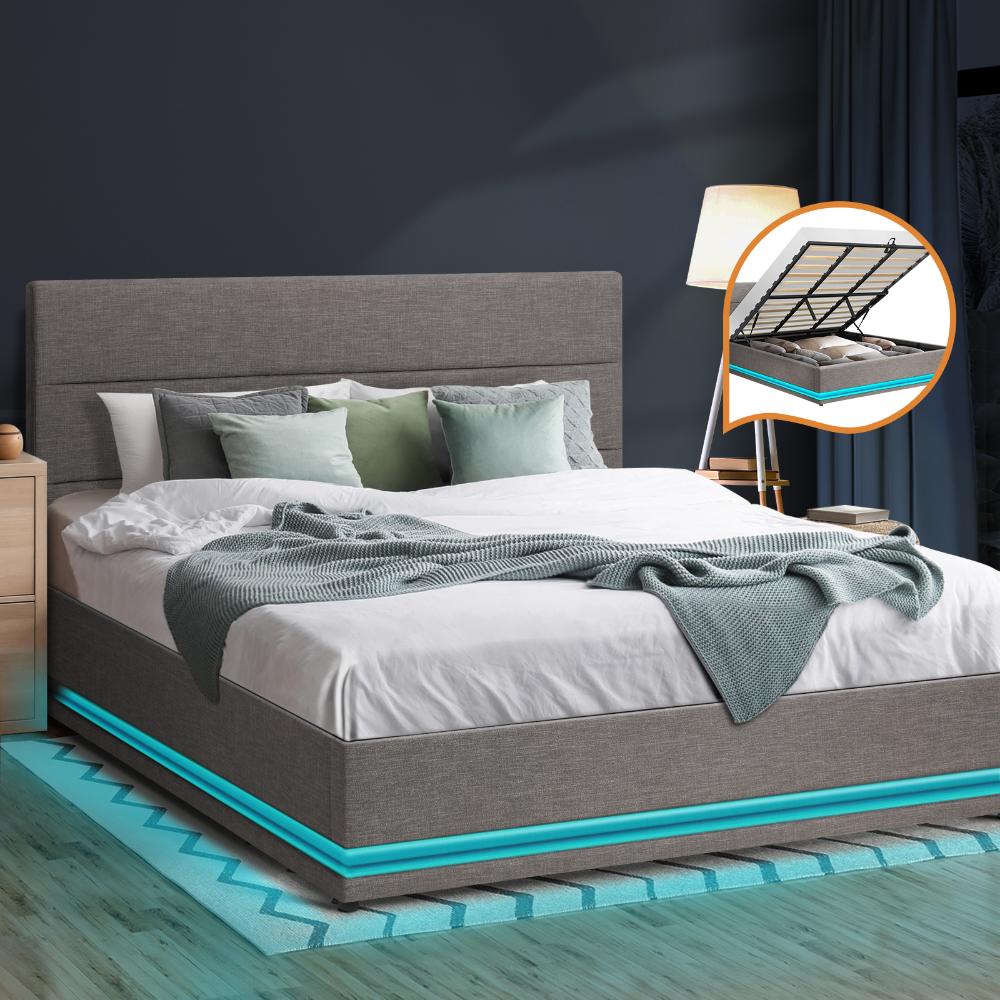 Oikiture Bed Frame King Bed Frame LED Mattress Base with Gas Lift and Storage Space Grey-Bed Frames-PEROZ Accessories