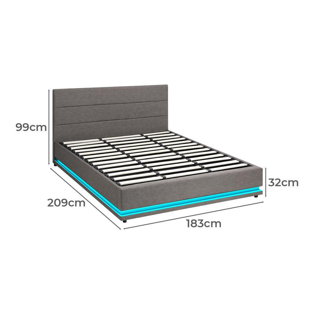 Oikiture Bed Frame King Bed Frame LED Mattress Base with Gas Lift and Storage Space Grey-Bed Frames-PEROZ Accessories