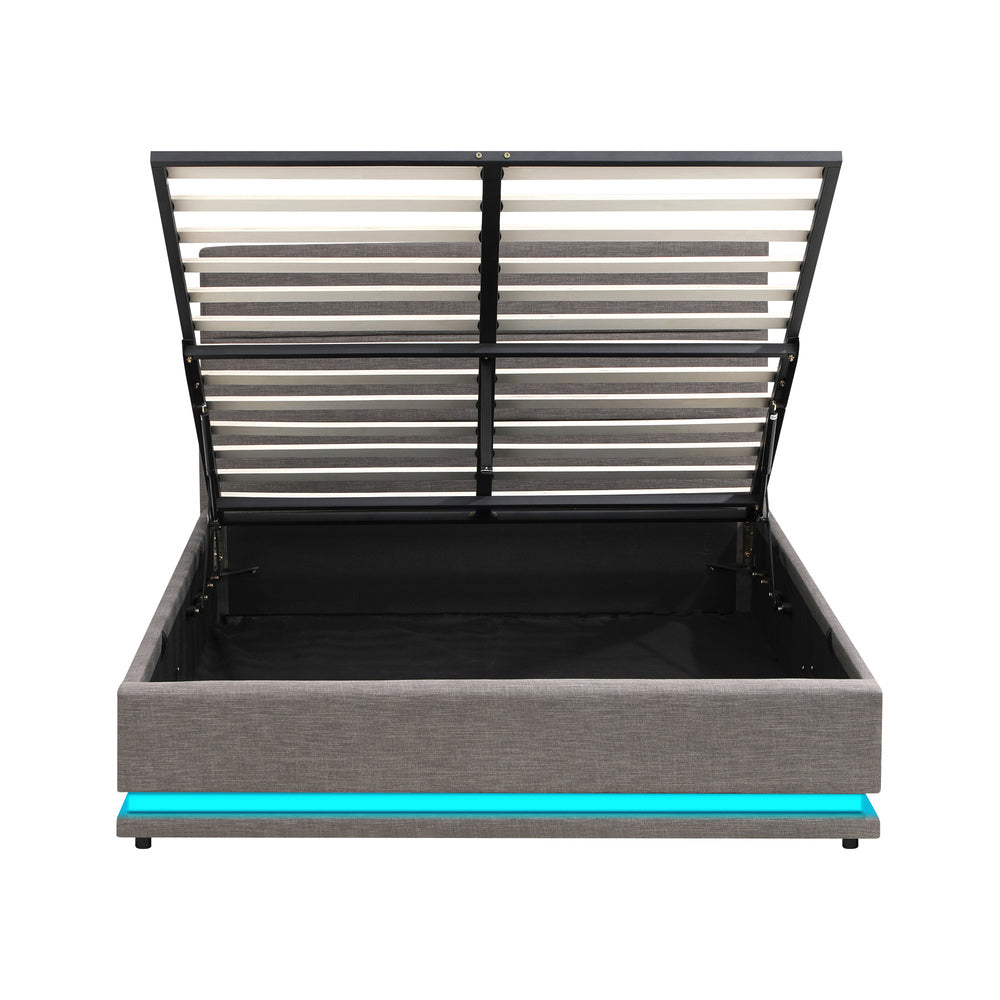 Oikiture Bed Frame Queen Bed Frame LED Mattress Base with Gas Lift and Storage Space Grey-Bed Frames-PEROZ Accessories