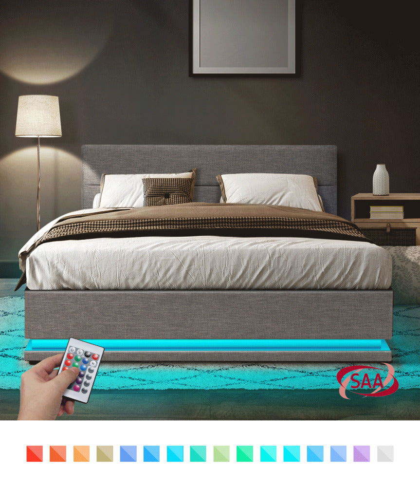 Oikiture Bed Frame Queen Bed Frame LED Mattress Base with Gas Lift and Storage Space Grey-Bed Frames-PEROZ Accessories