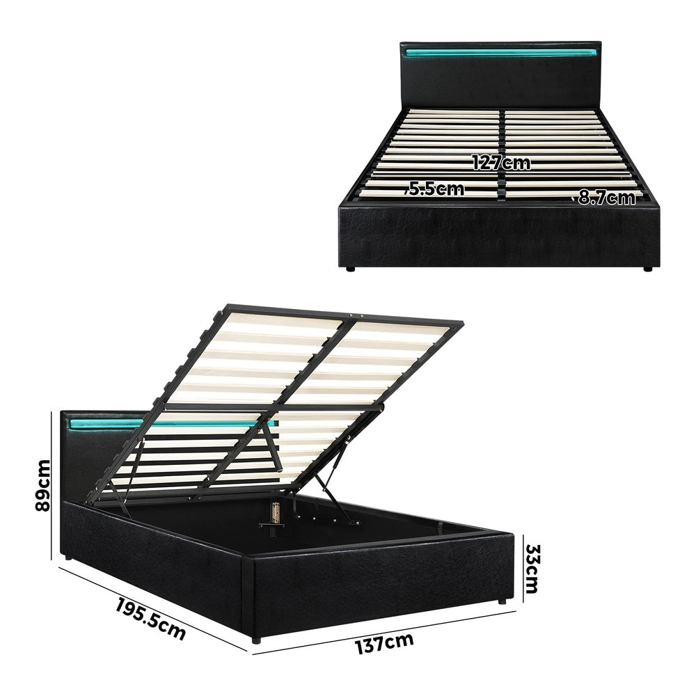 Oikiture Bed Frame RGB LED Double Size Gas Lift Storage Base Black-Bed Frames-PEROZ Accessories