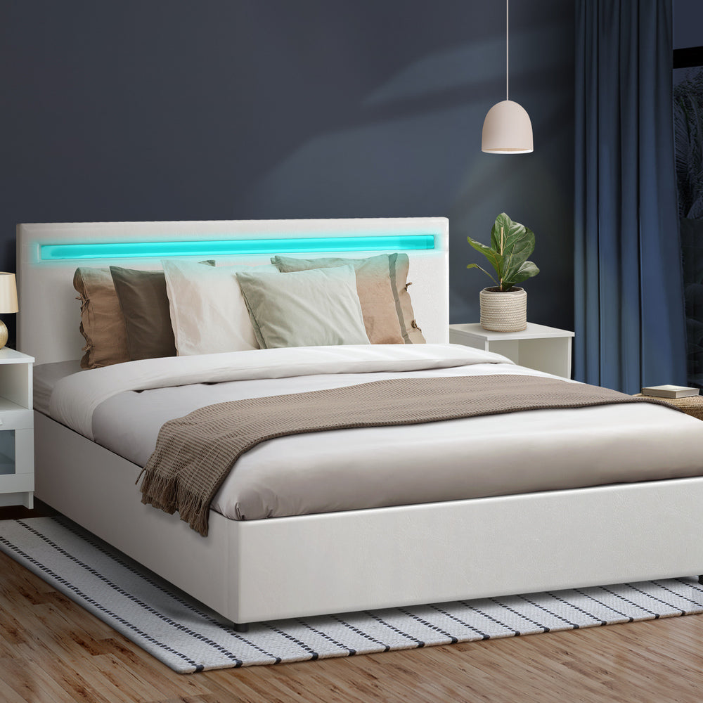 Oikiture Bed Frame RGB LED Double Size Gas Lift Storage Base White-Bed Frames-PEROZ Accessories