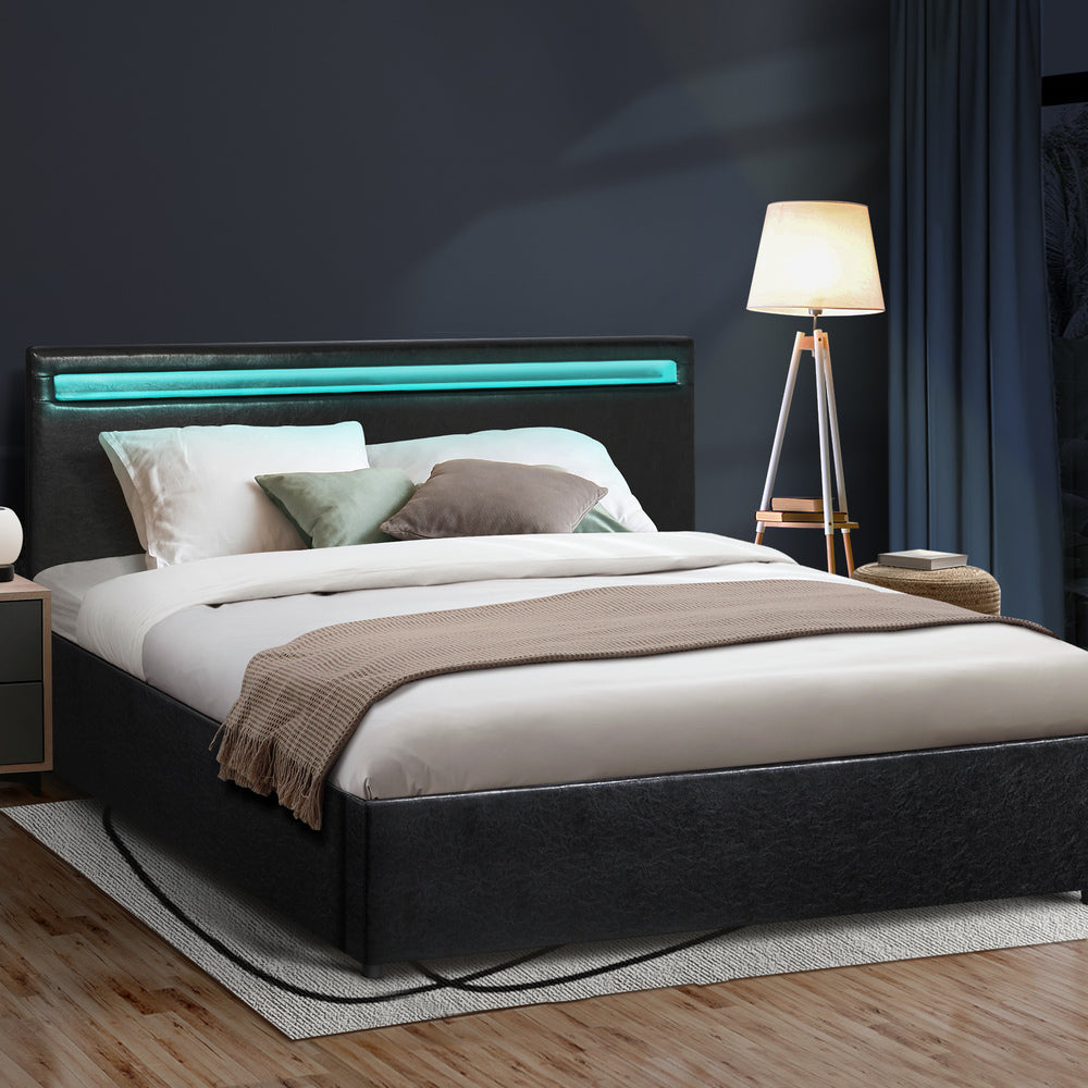 Oikiture Bed Frame RGB LED King Size Gas Lift Storage Base Black-Bed Frames-PEROZ Accessories