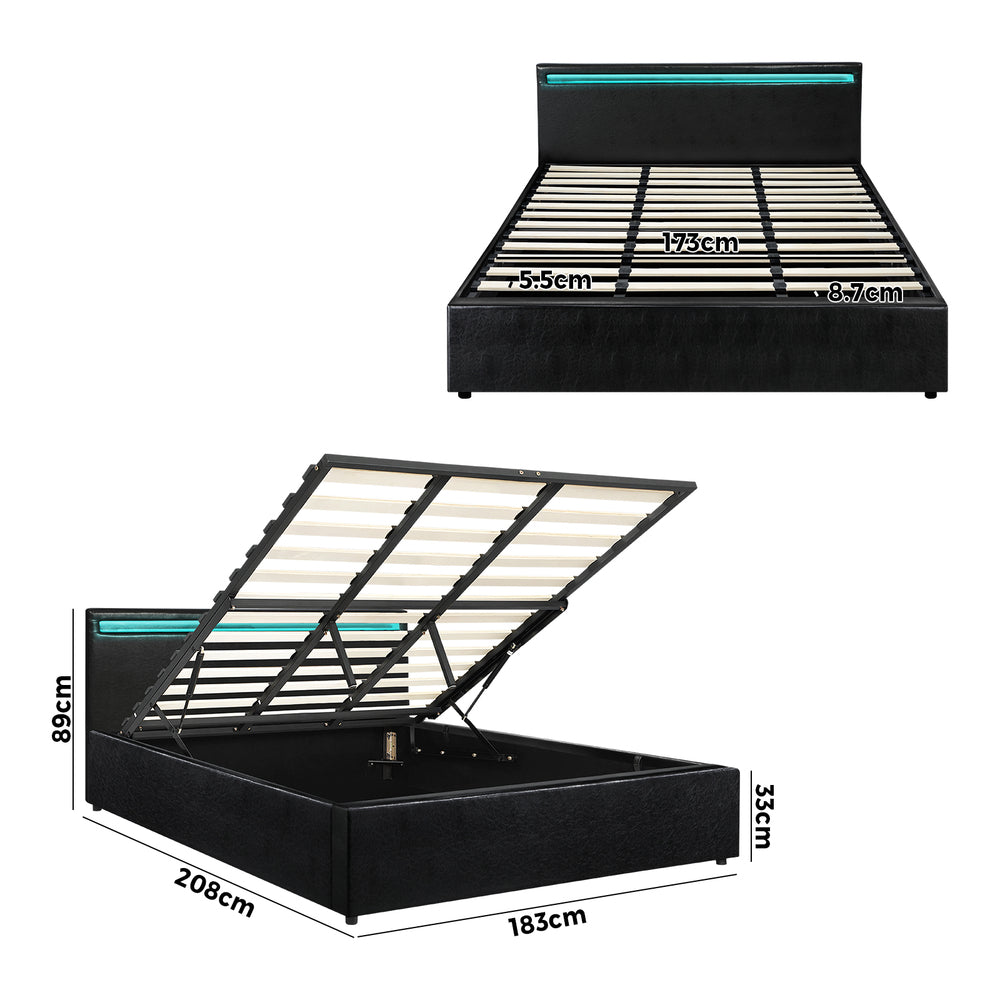 Oikiture Bed Frame RGB LED King Size Gas Lift Storage Base Black-Bed Frames-PEROZ Accessories