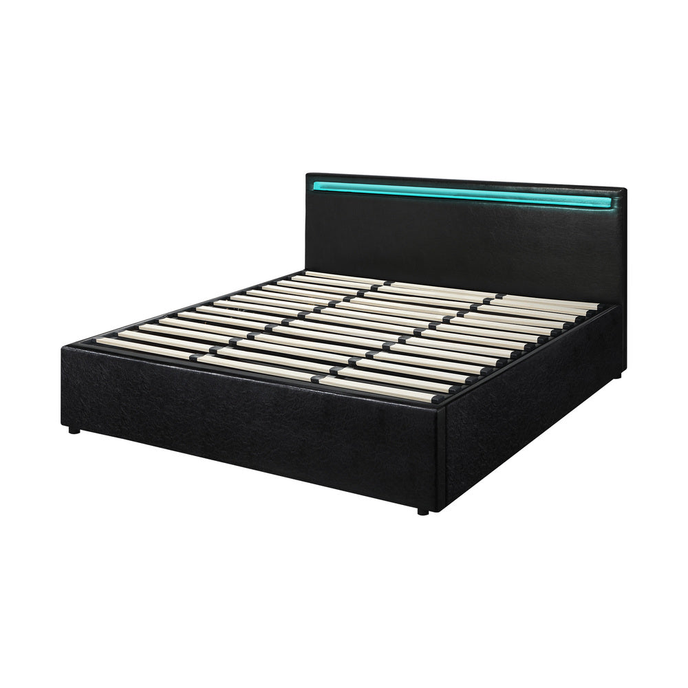 Oikiture Bed Frame RGB LED King Size Gas Lift Storage Base Black-Bed Frames-PEROZ Accessories
