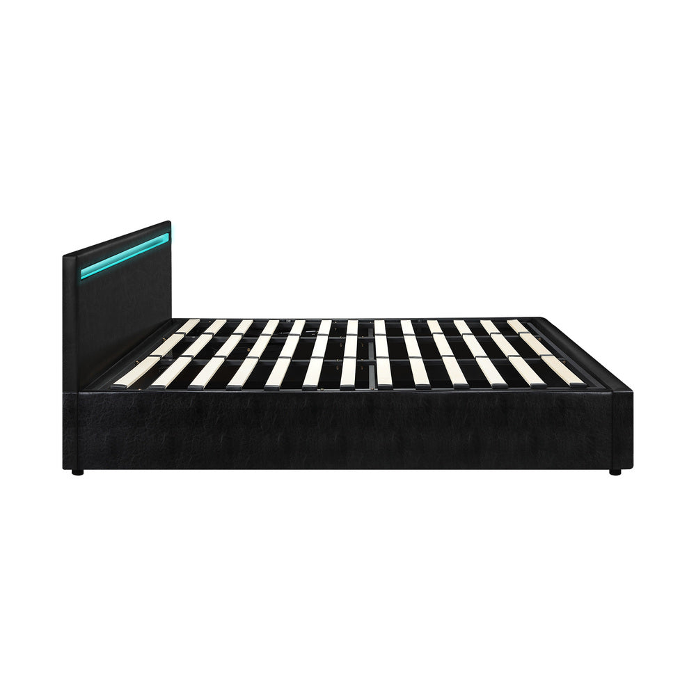 Oikiture Bed Frame RGB LED King Size Gas Lift Storage Base Black-Bed Frames-PEROZ Accessories
