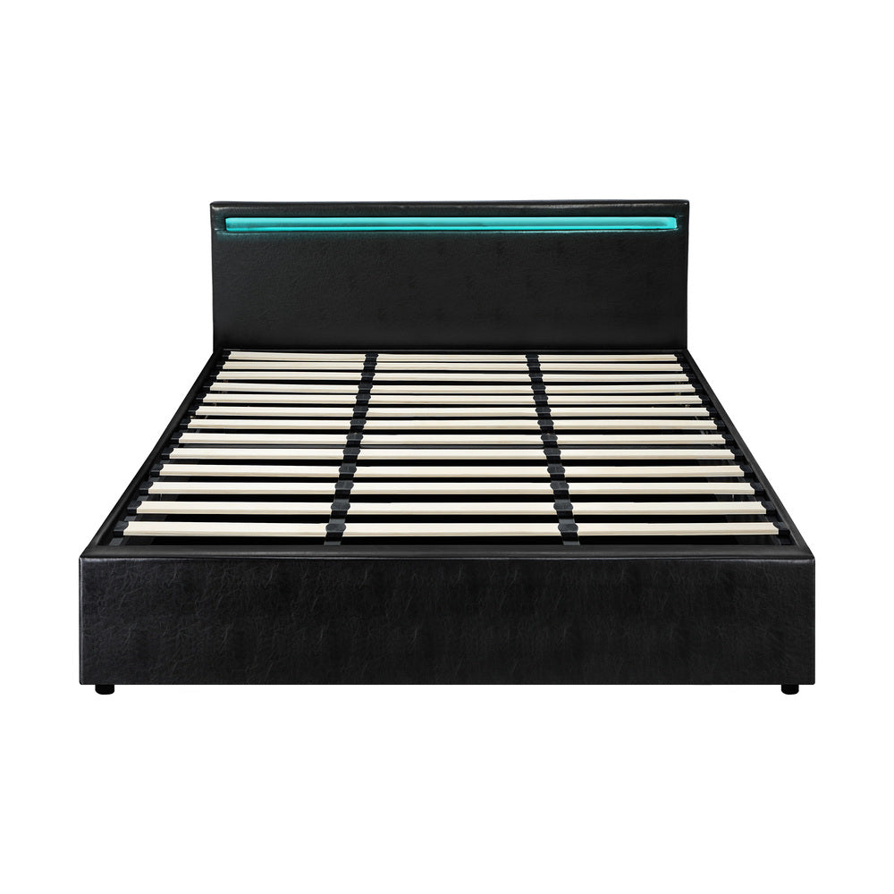 Oikiture Bed Frame RGB LED King Size Gas Lift Storage Base Black-Bed Frames-PEROZ Accessories