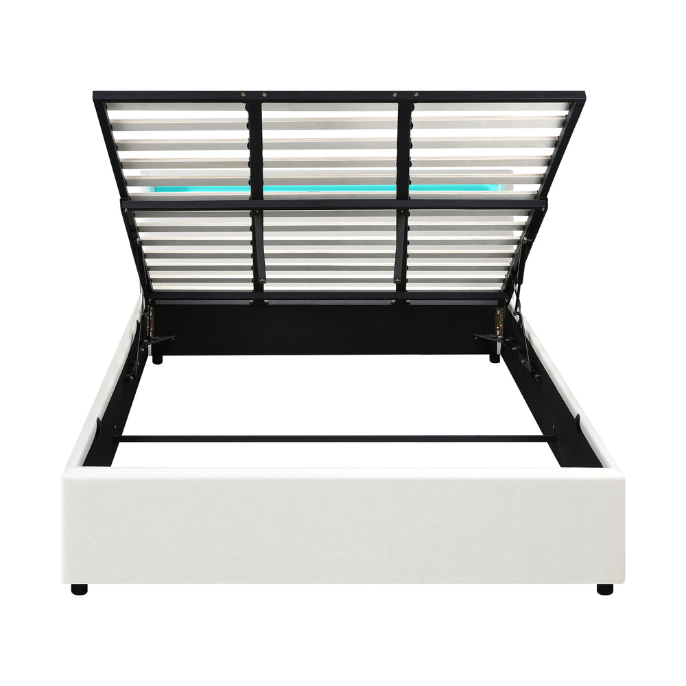 Oikiture Bed Frame RGB LED King Size Gas Lift Storage Base White-Bed Frames-PEROZ Accessories