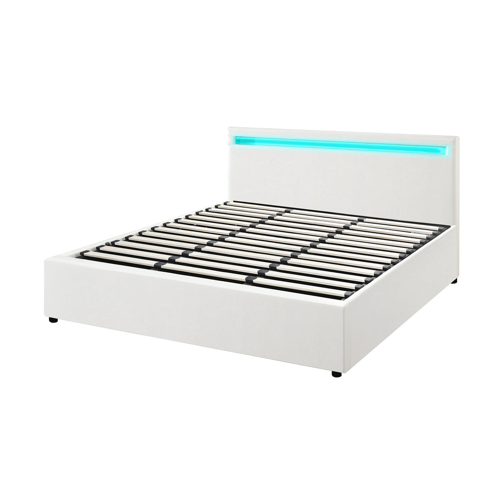 Oikiture Bed Frame RGB LED King Size Gas Lift Storage Base White-Bed Frames-PEROZ Accessories
