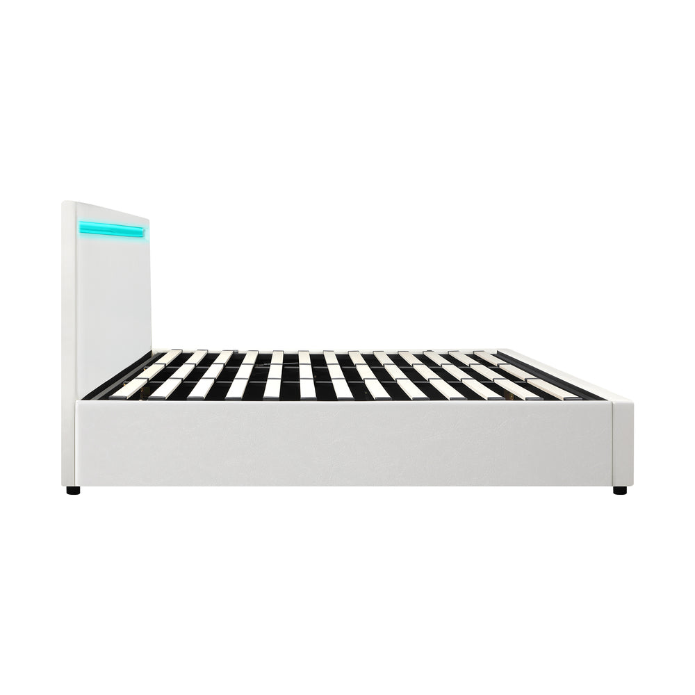 Oikiture Bed Frame RGB LED King Size Gas Lift Storage Base White-Bed Frames-PEROZ Accessories